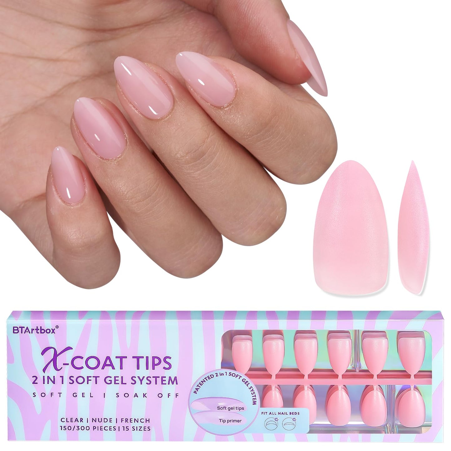 BTArtbox XCOATTIPS Natural Nail Tips -Short Almond Press On Nails Pink, Long Lasting Soft Gel Nails False Nail, Soak Off Acrylic Fake Nails Extensions for Nail Art DIY