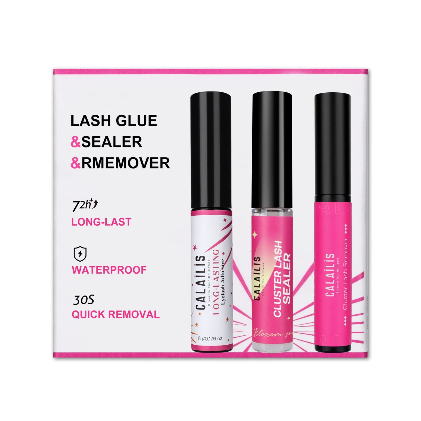 CALAILIS Cluster Lash Glue Lash Sealer and Lash Remover Kit, Super Strong Hold and Long Lasting 72 Hours Lash Bond and Seal Quick Gentle Clean Non-Irritating Lash Extension Remover