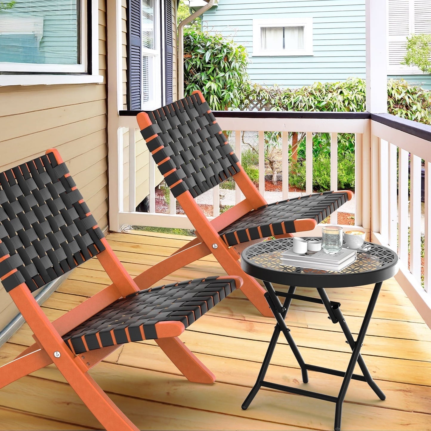 Ktaxon Folding Side Table, Patio Small End Table with X-Shaped, Outdoor Metal Floral Pattern Table for Balcony Porch Backyard Deck, Black