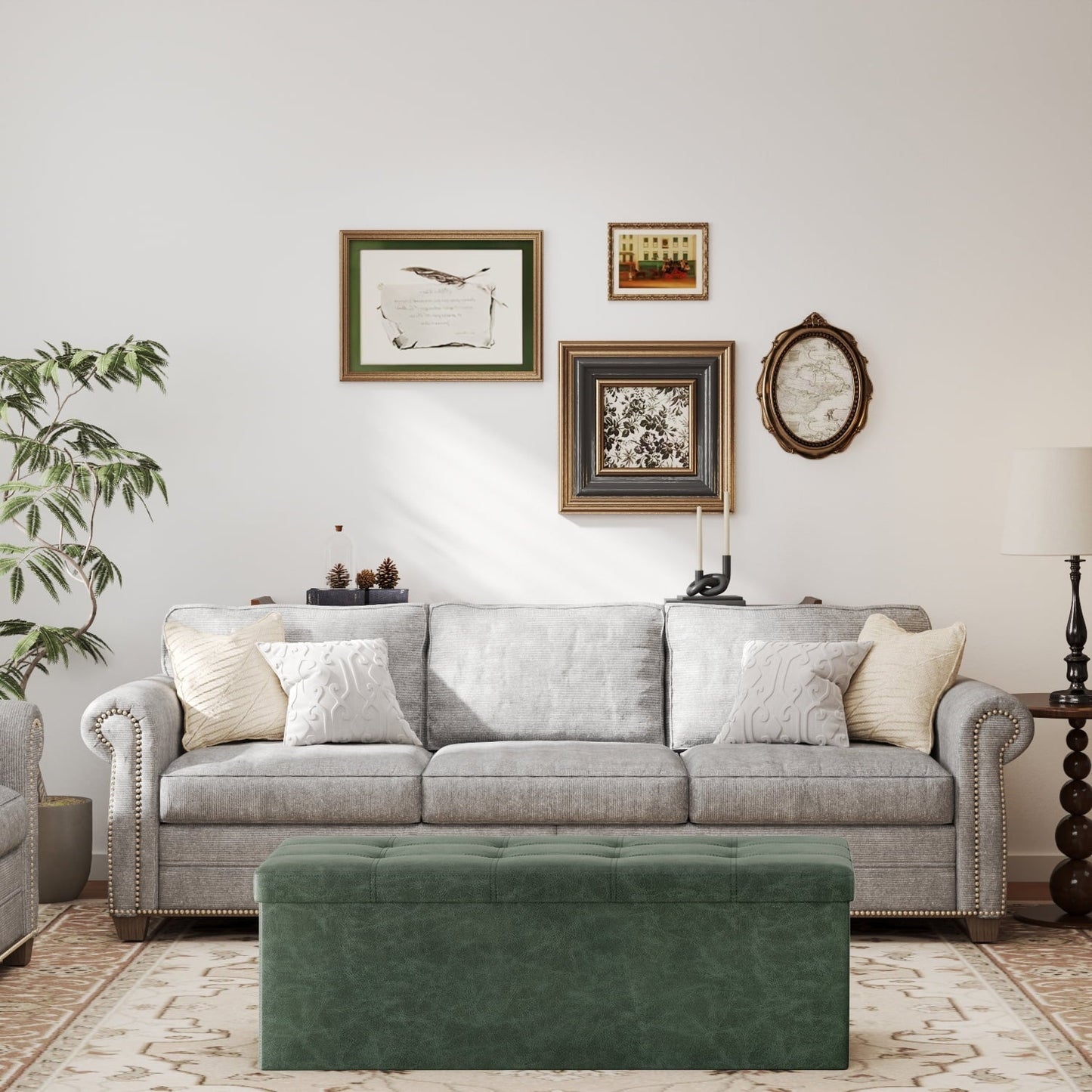 LEDREM 43" Foldable Storage Ottoman Bench, 660lb Capacity, Multifunctional Footrest Stool, Quick Assembly, Synthetic Leather, Forest Green