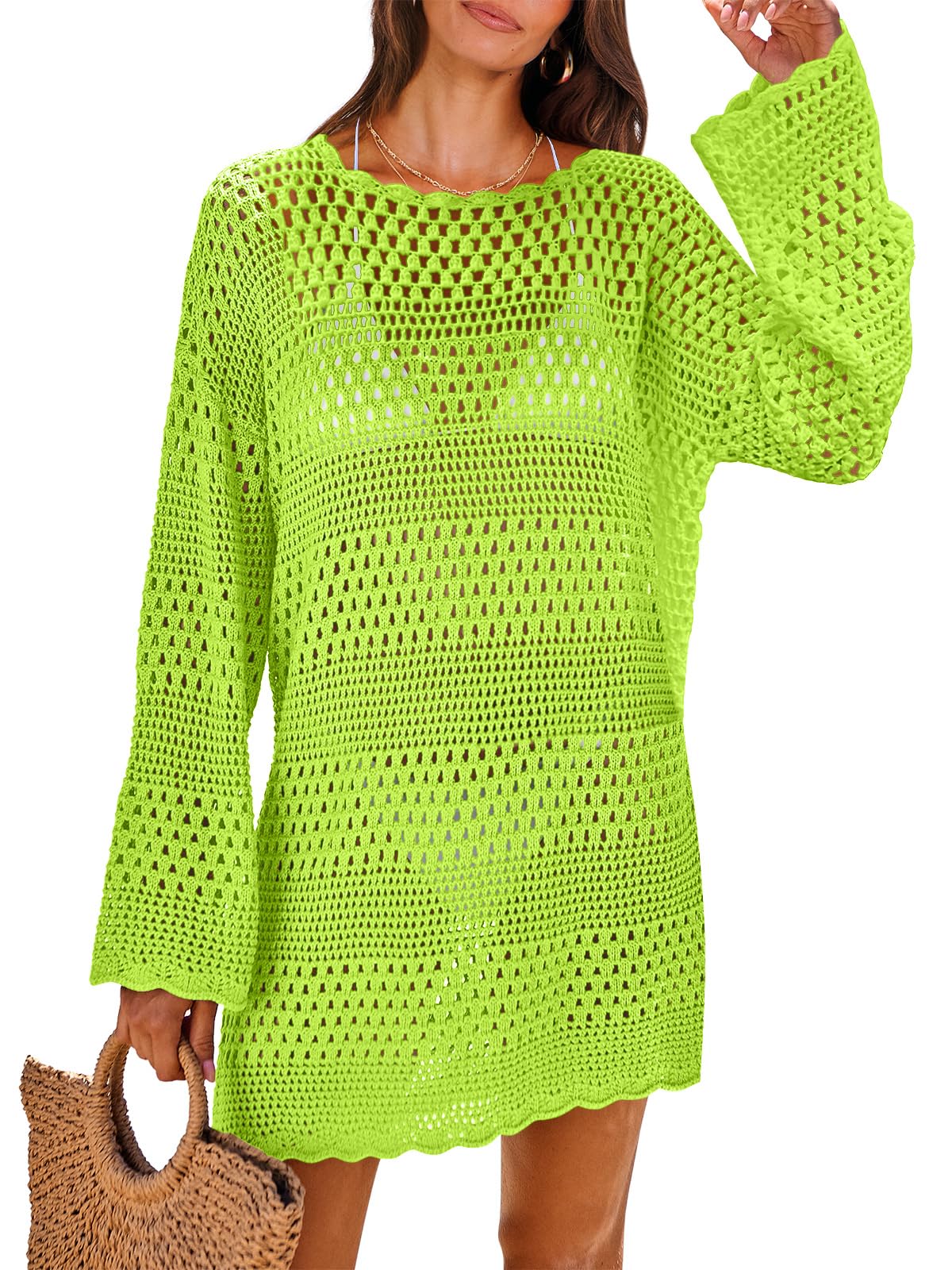 ANRABESS Women Swimsuit Crochet Swim Cover Up 2024 Summer Bathing Suit Swimwear Mesh Knit Beach Dress Vacation Outfits Green Small