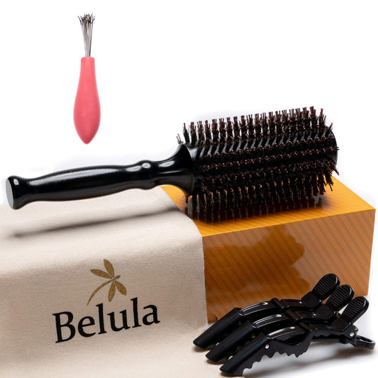 Boar Bristle Round Brush for Blow Out Set by Belula. Round Hair Brush For Blow Drying. Medium 2.4β Wooden Barrel. Hairbrush Ideal to Add Volume and Body. Free 3 x Hair Clips & Travel Bag