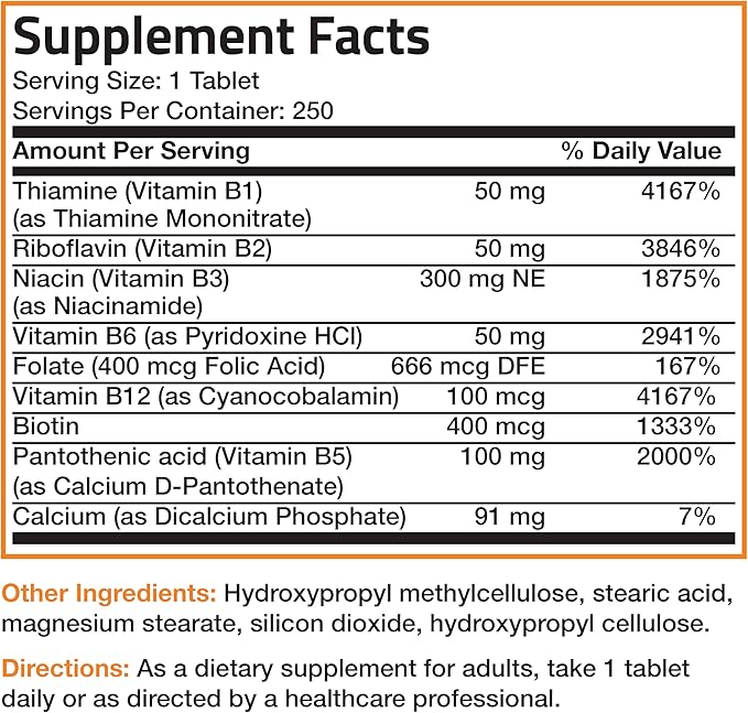 Bronson Super B Vitamin B Complex Sustained Slow Release (Vitamin B1, B2, B3, B6, B9 - Folic Acid, B12) Contains All B Vitamins 250 Tablets