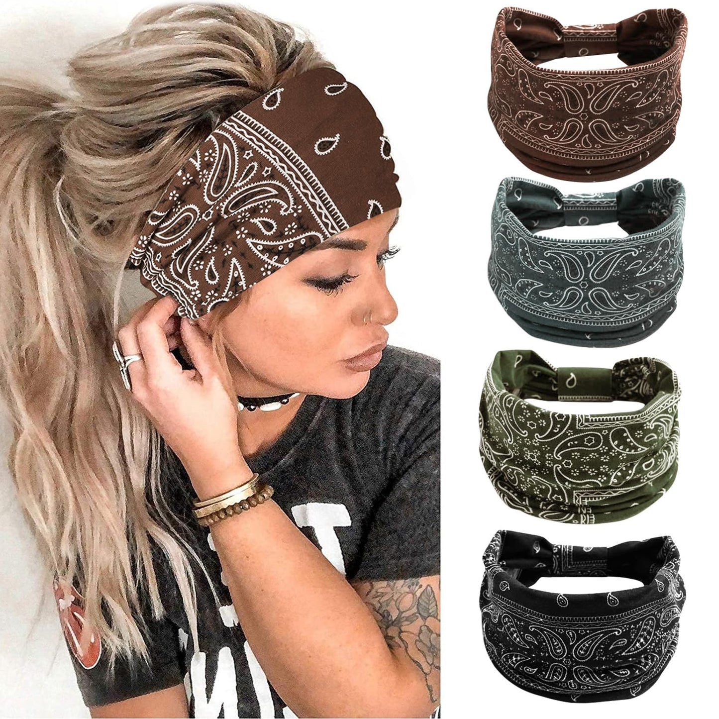 Huachi 4 Packs Thick Boho Stylish Floral Turban Wide Headbands for Women - Non Slip Hairbands for Hair, Sport, Workout, Yoga, Hair Accessories (Pack of 4)