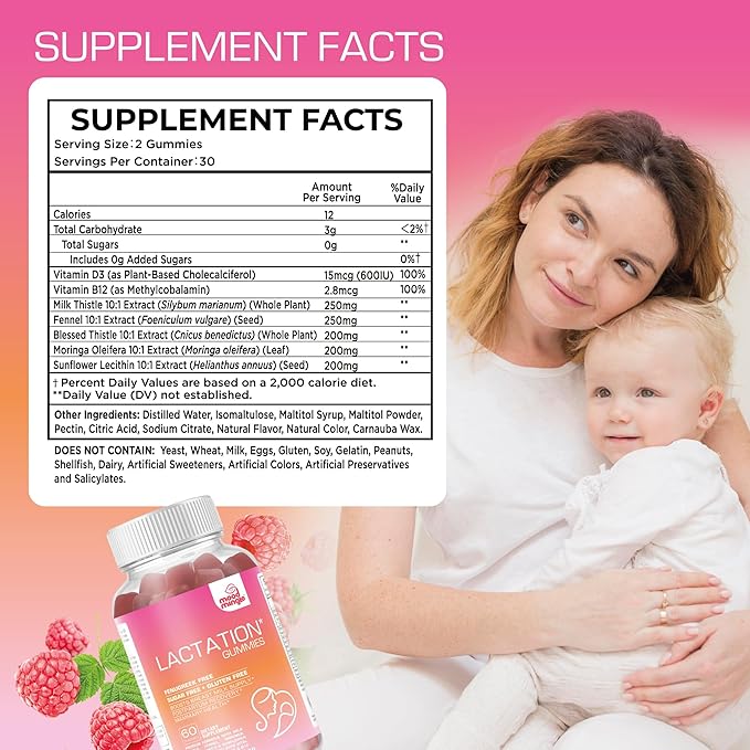 Lactation and Postpartum Support Gummies - with Blessed Thistle, Fennel Seed, Milk Thistle, Moringa, Sunflower Lecithin, Vitamin D3 & B12 - Increase Milk Supply Milk Production