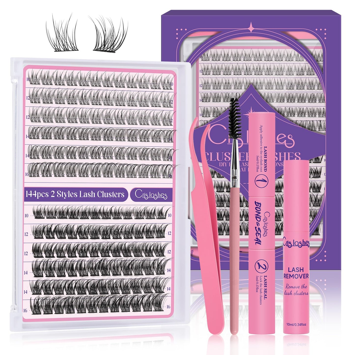 Crislashes-DIY-Lash-Extension-Kit, 144Pcs D Curl Lash-Clusters Mix 10-16mm Reusable Lash-Cluster-Kit with Lash Bond and Seal Remover Tweezers Brush for DIY at Home Natural Look(Tender01 Mix10-16mm)