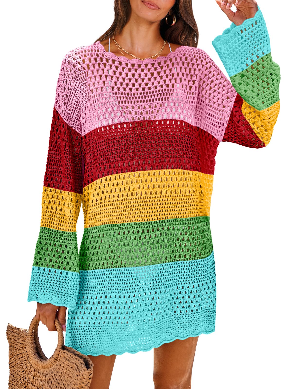 ANRABESS Women Swimsuit Crochet Swim Cover Up 2024 Summer Bathing Suit Swimwear Mesh Knit Beach Dress Vacation Outfits Rainbow Stripe Small