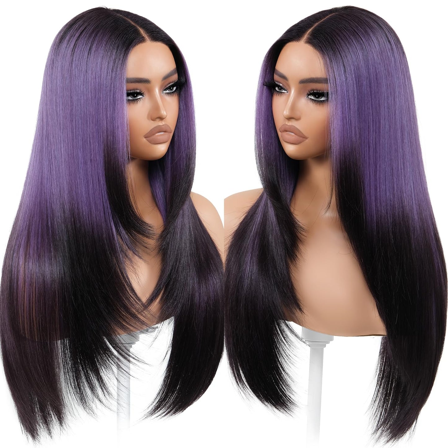 BrownBomb Ombre Purple Black Wear and Go Glueless Wigs Pre Plucked Pre Cut for Beginners Synthetic Lace Front Wig with Bangs Long Straight layered Wig HD Lace 26 Inch 3 Seconds to Wear for Beginners