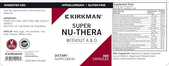 Kirkman Super Nu-Thera® w/o Vitamins A and D - Hypoallergenic || 360 Vegetarian Capsules || Multi Vitamin || Provides high Vitamin B-6 and Magnesium Content || Gluten and Casein Free