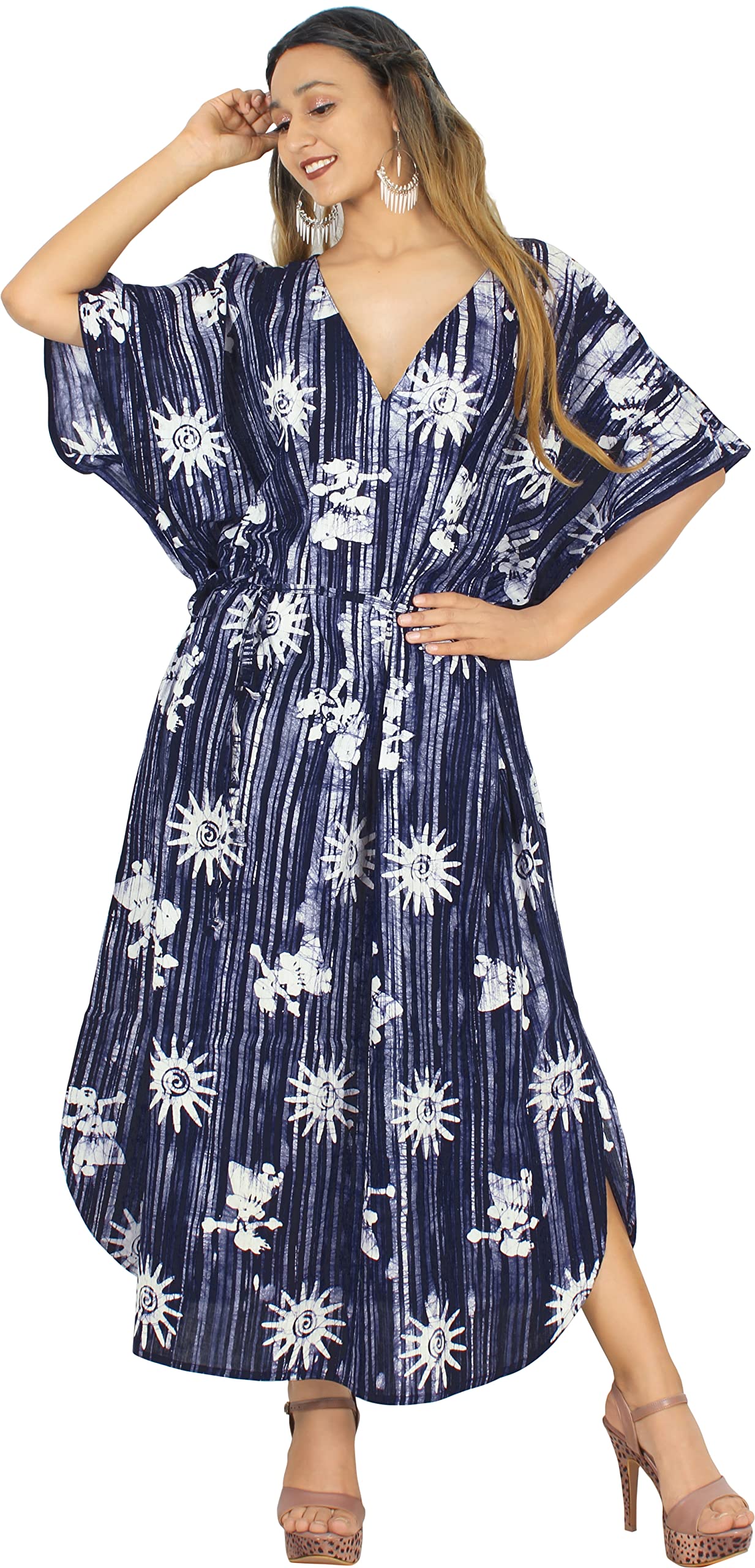 LA LEELA Women's Summer Batik Caftan Loungewear House Dashiki Dress Kaftan Nightshirts for Women Sleepwear Plus size 2X-3X Sky, Sun