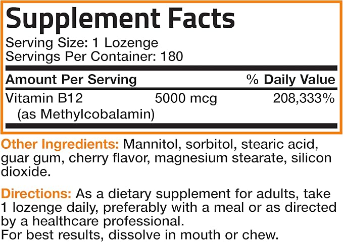 Bronson Methyl B12 5000 mcg Vitamin B12 Methylcobalamin Energy & Brain Support, 180 Lozenges