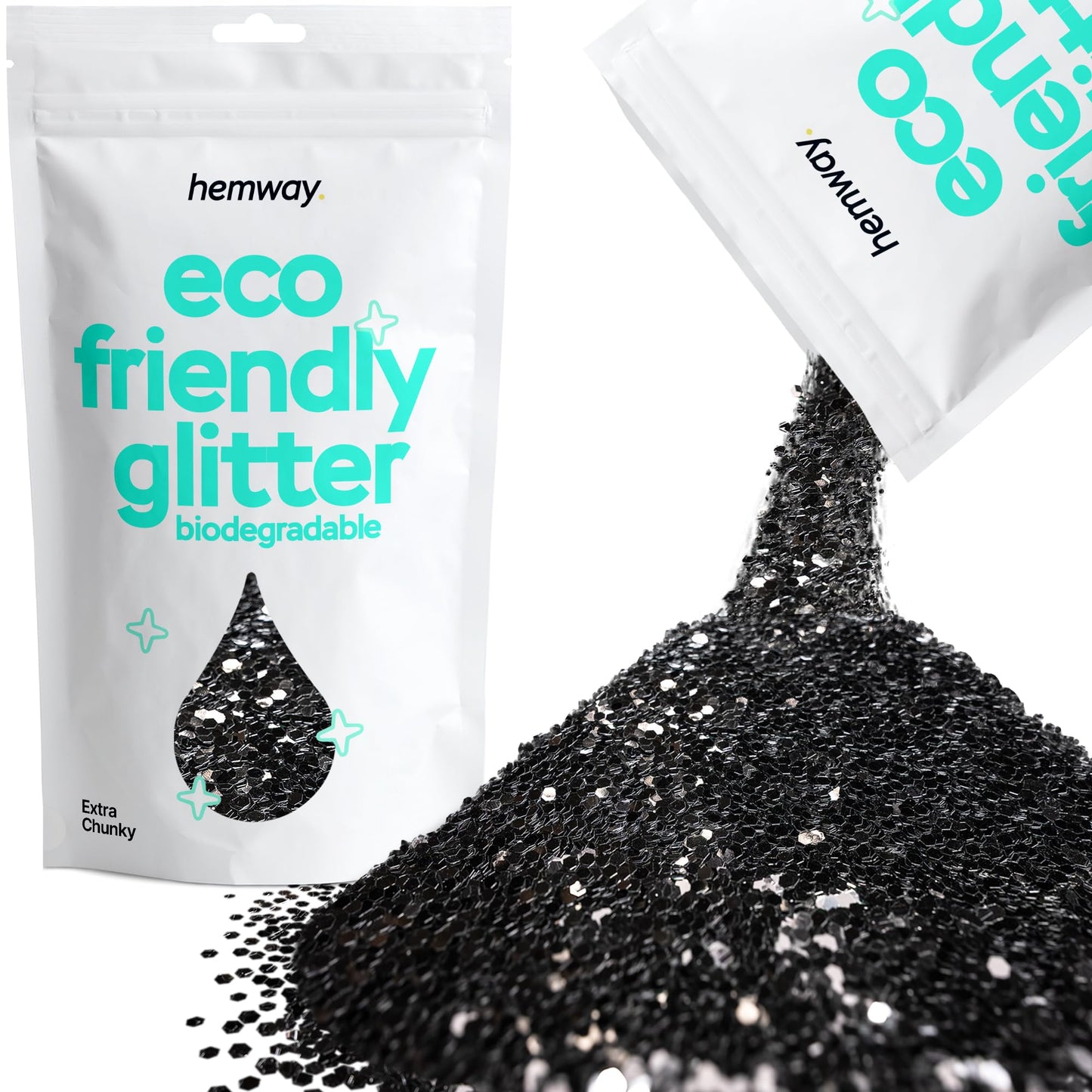 Hemway Eco Friendly Biodegradable Glitter 100g / 3.5oz Bio Cosmetic Safe Sparkle Vegan for Face, Eyeshadow, Body, Hair, Nail and Festival Makeup, Craft - Extra Chunky (1/24" 0.040" 1mm) - Black