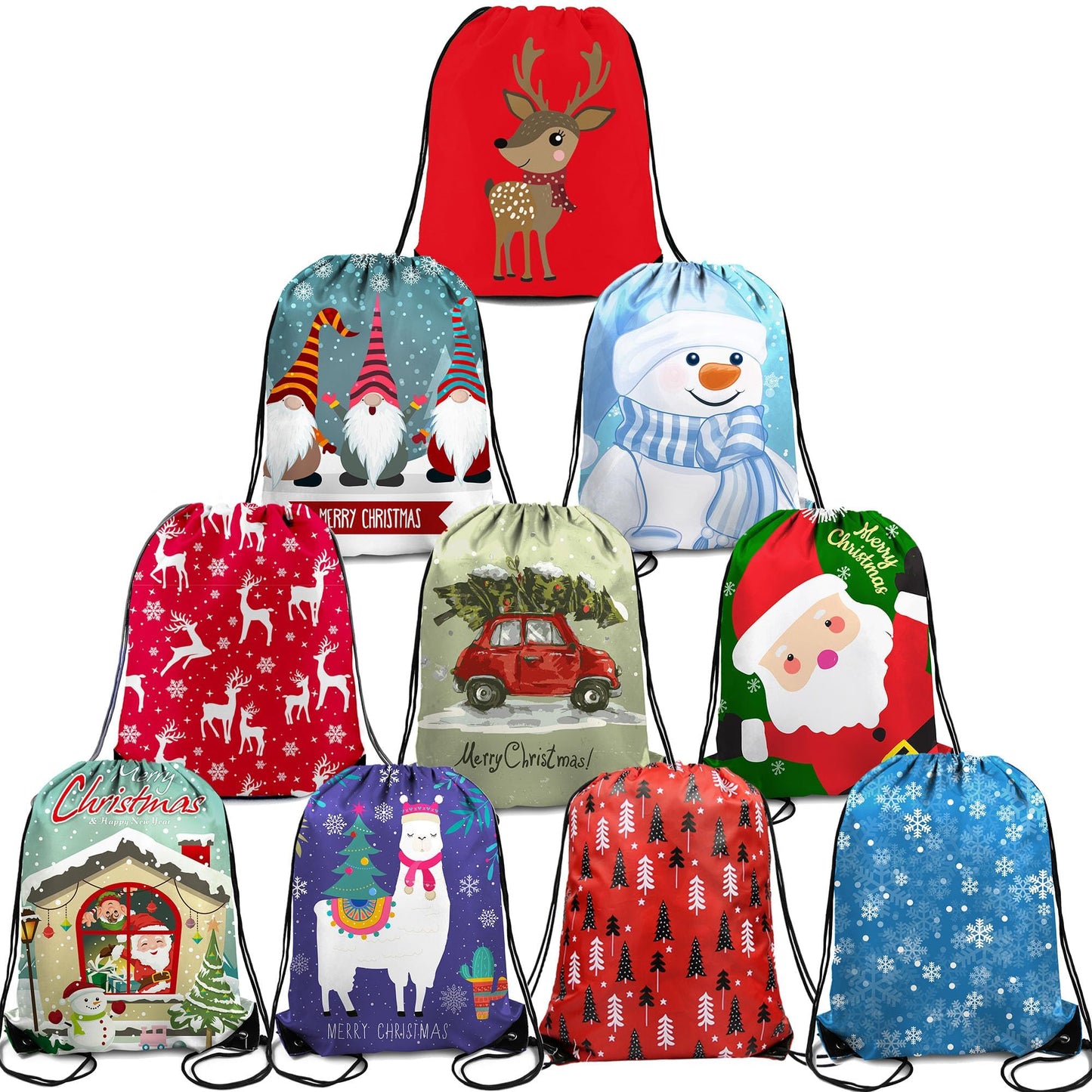 BeeGreen Christmas Gift Wrap Bags 10 Packs,Reusable Personalized Best Gift for Xmas Package Storage,13.5x16.5 Inch Drawstring Backpack Sackpack for Men Women, Santa Sack Backpack for Christmas