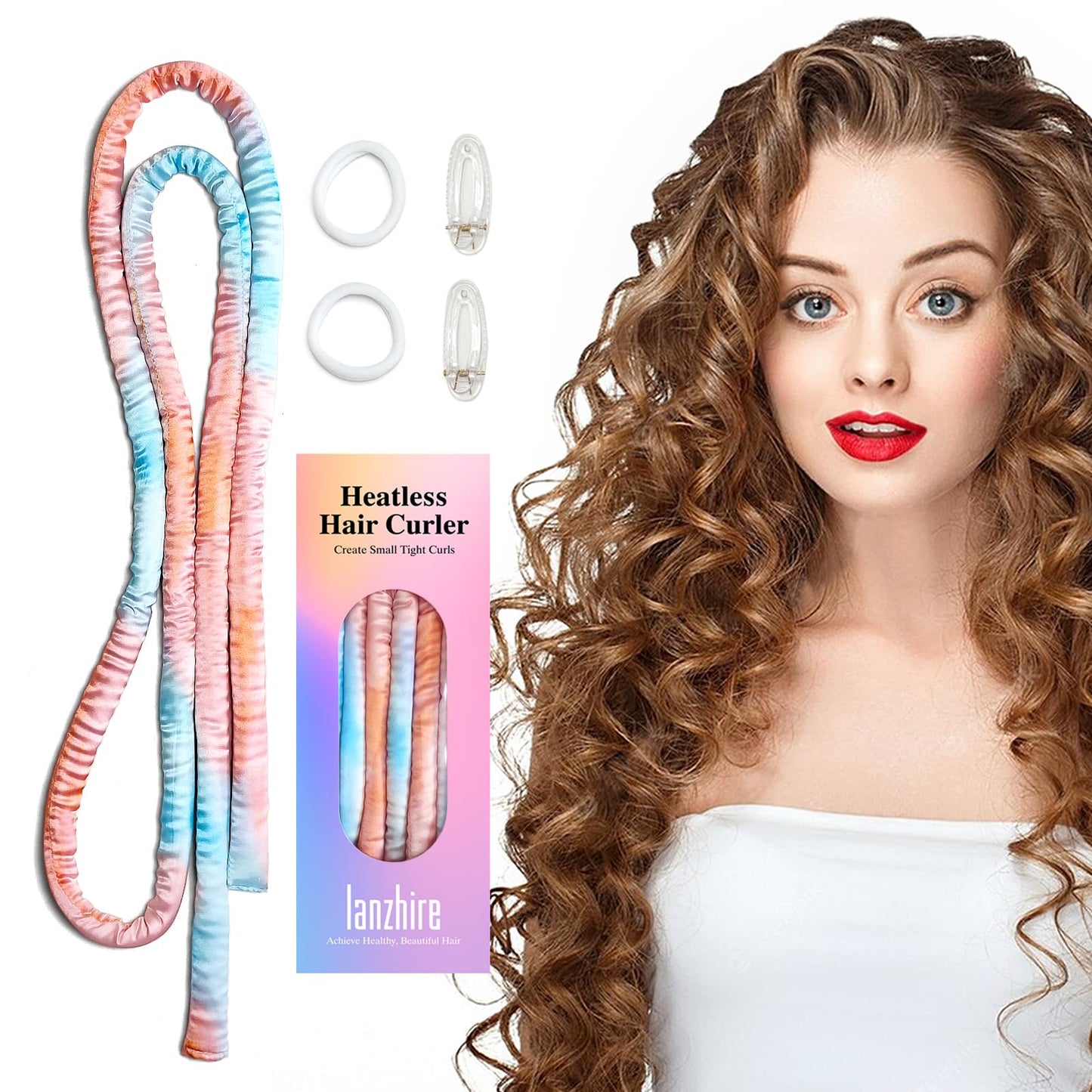Lanzhire No Heat Curling Headband for Overnight Curls - Small Curling Rod for Long & Short Hair, Tie Dye Orange