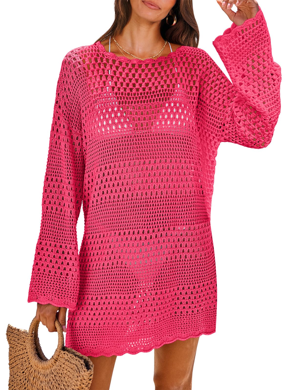 ANRABESS Women Swimsuit Crochet Swim Cover Up 2024 Summer Bathing Suit Swimwear Mesh Knit Beach Dress Vacation Outfits Rose Small