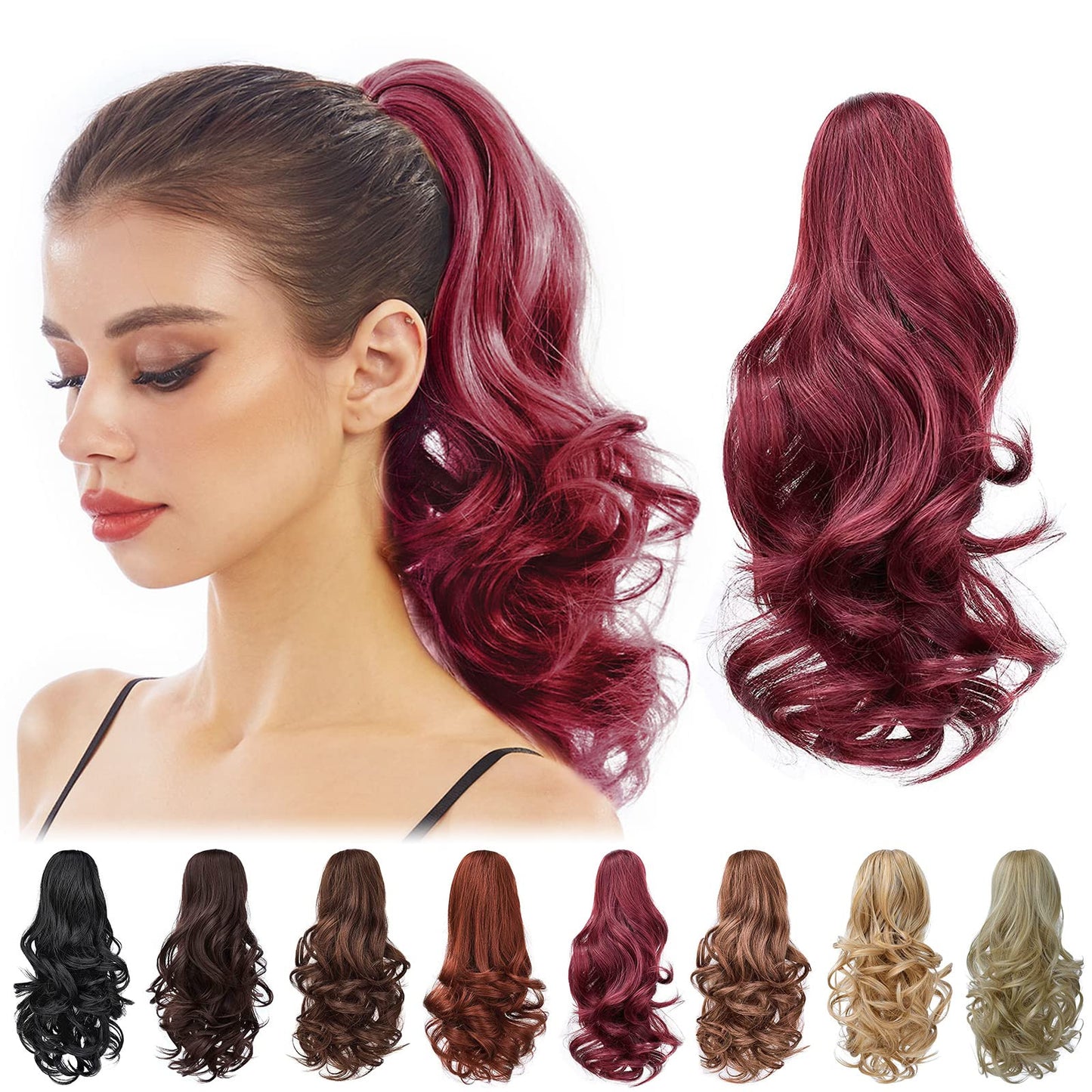 HEWEICSY Ponytail Extension, Hair Extensions Ponytail Claw 14" Wavy Fake Hair Curly Synthetic Ponytail Wig Clip Daily Fluffy Pony Tail Hair Piece for Women(Auburn Brown)