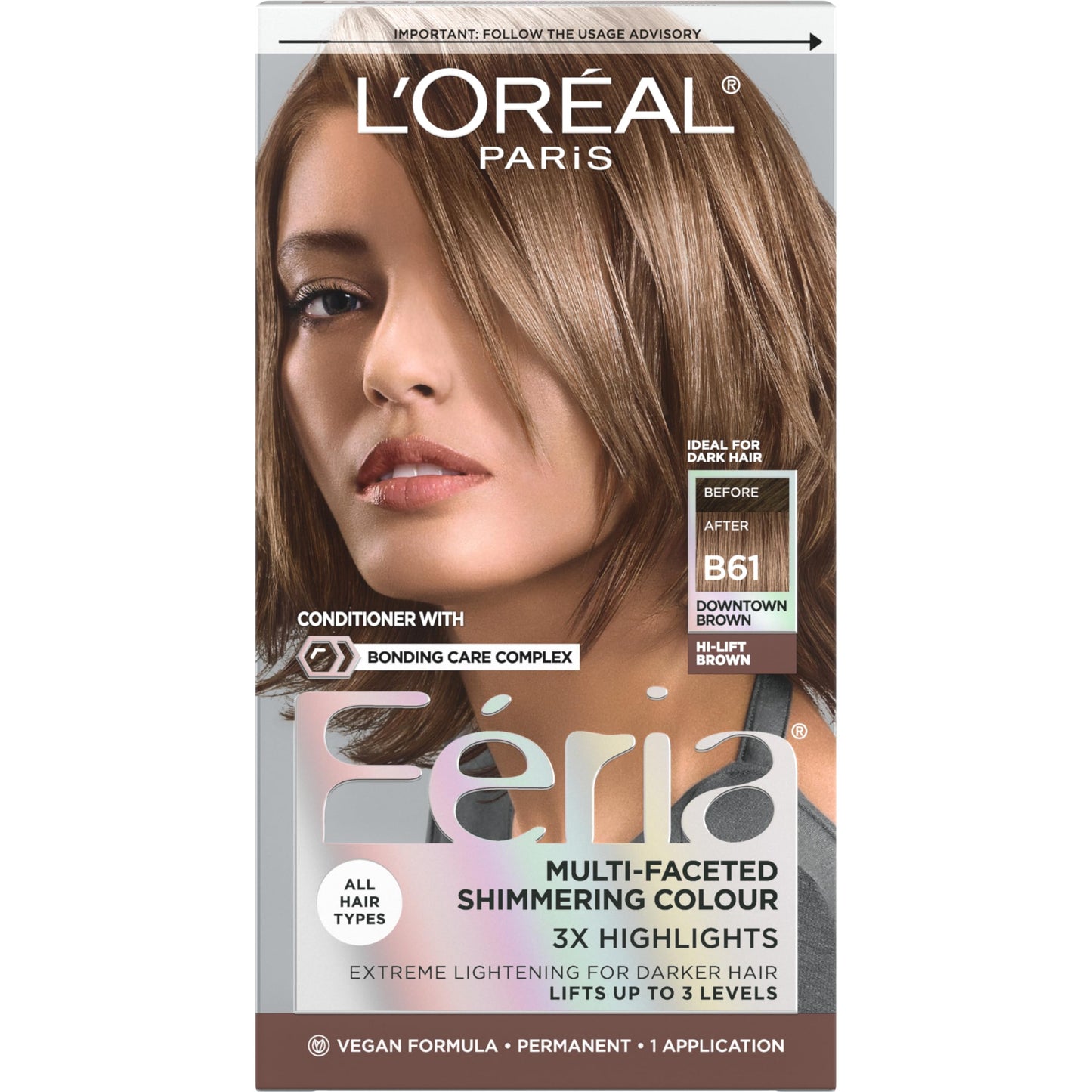 L'Oreal Paris Feria Multi-Faceted Shimmering Permanent Hair Color, B61 Downtown Brown (Hi-Lift Cool Brown), Pack of 1, Hair Dye