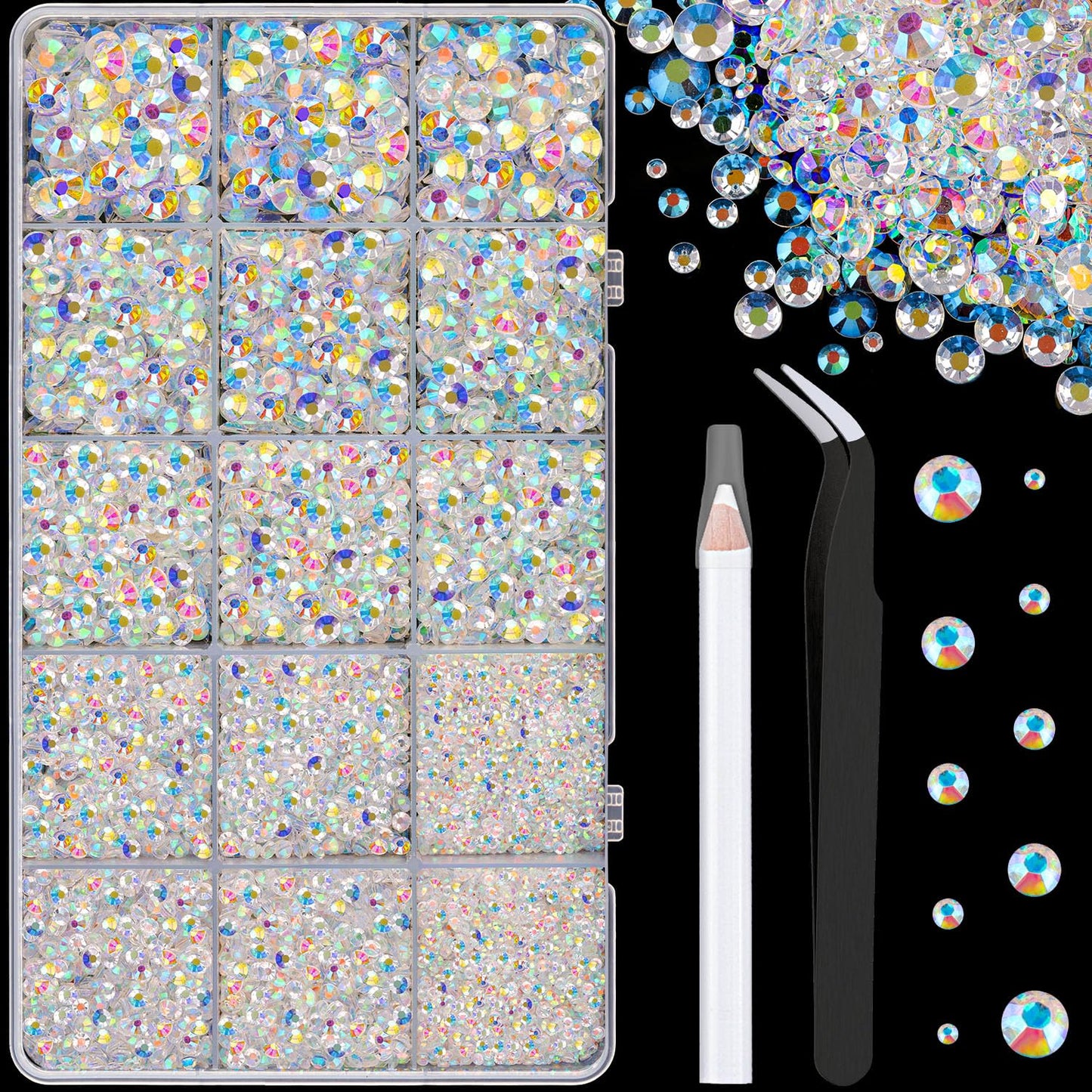 16000Pcs Resin Jelly Rhinestones with Tweezers for Crafting, Transparent AB 2-6mm Mixed Sizes Flatback Gems, Bedazzling Crystal for DIY Crafts Clothing Tumblers Mugs Shoes Fabric Nail Art