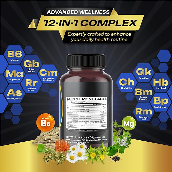 Brain Wellness Ginkgo Biloba Rhodiola Cordyceps Chamomile Ashwagandha Gotu Kola Bacopa Rosemary Holy Basil Black Pepper -150 Capsules- Made in USA
