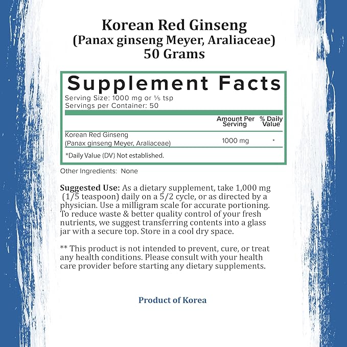 Holistic Bin Korean Red Ginseng Powder Pure Panax Ginseng Supplement | Vegan, Gluten Free, Non GMO, No Fillers | Rich in Ginsenosides (50g)
