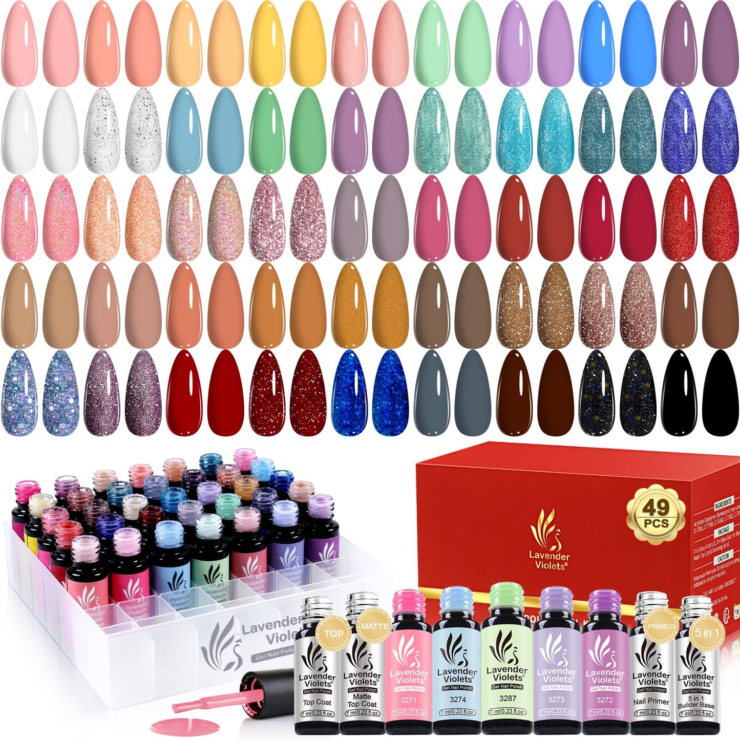 Lavender Violets 49 Pcs Gel Nail Polish Set, 45 Colors Gel Polish U V LED with Base, Glossy & Matte Top Coat for Nail Art Designs A907