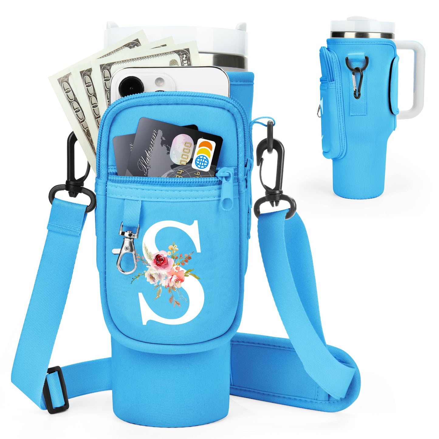 Initial Water Bottle Holder with Strap for Stanley 40 oz Tumbler/Simple Modern 40 oz Tumbler,Water Bottle Carrier Bag with Strap,Personalized A-Z Phone Pocket for Stanley Cup Accessories