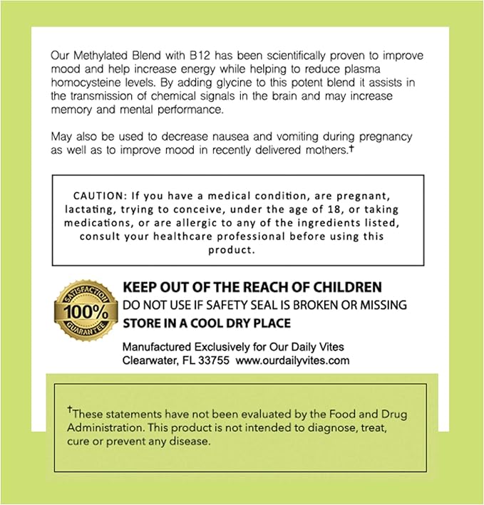 L-Methylfolate 7.5 mg + B 12 (1000 mcg) - 60 Capsules - Methylated & Glycine - Boost Mood, Energy & Memory - Immune Support & VItamin Supplement for Men & Women - Non-GMO, Vegetarian Capsules