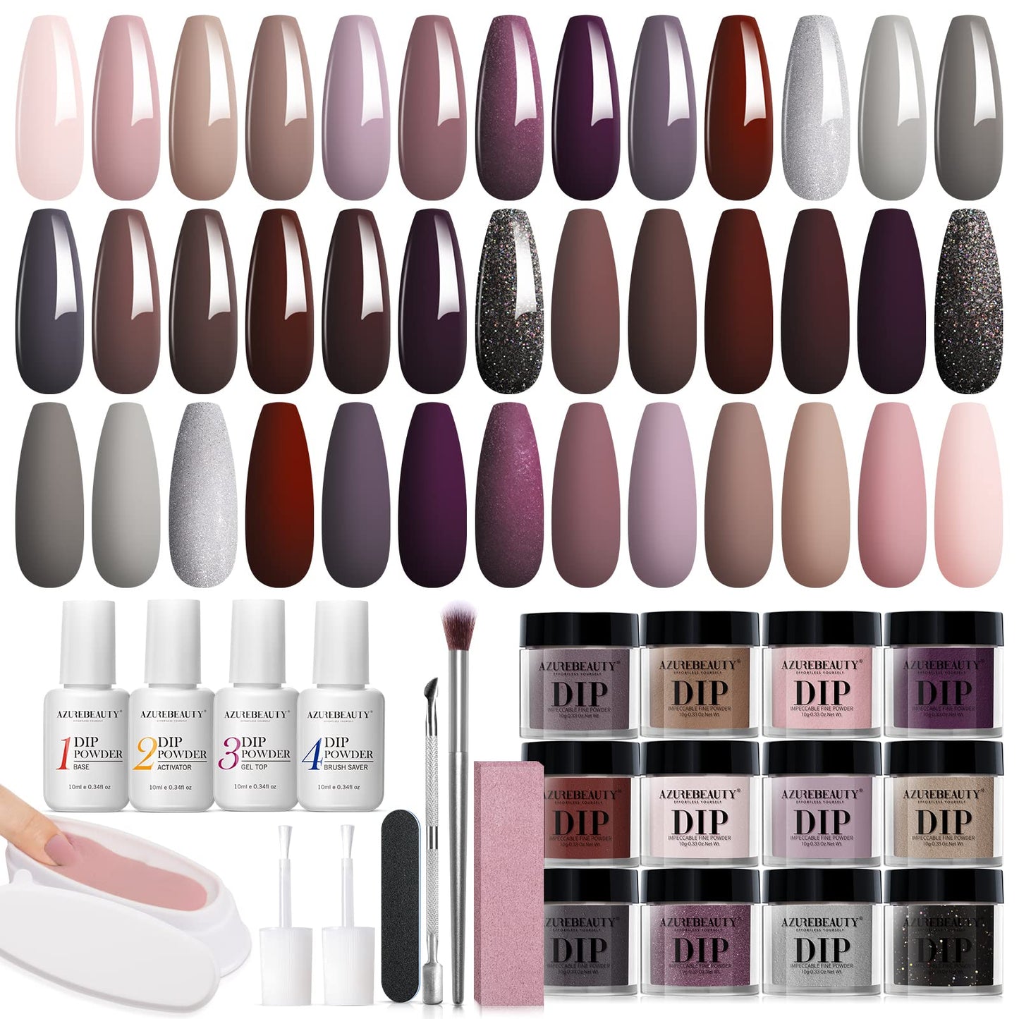 AZUREBEAUTY Dip Powder Nail Starter Kit Nude Pink Brown Grey Dipping Powder 20 Dark Light Trend Colors Recycling Tray Liquid Set Top Base Coat Activator for French Nail Art Manicure Salon