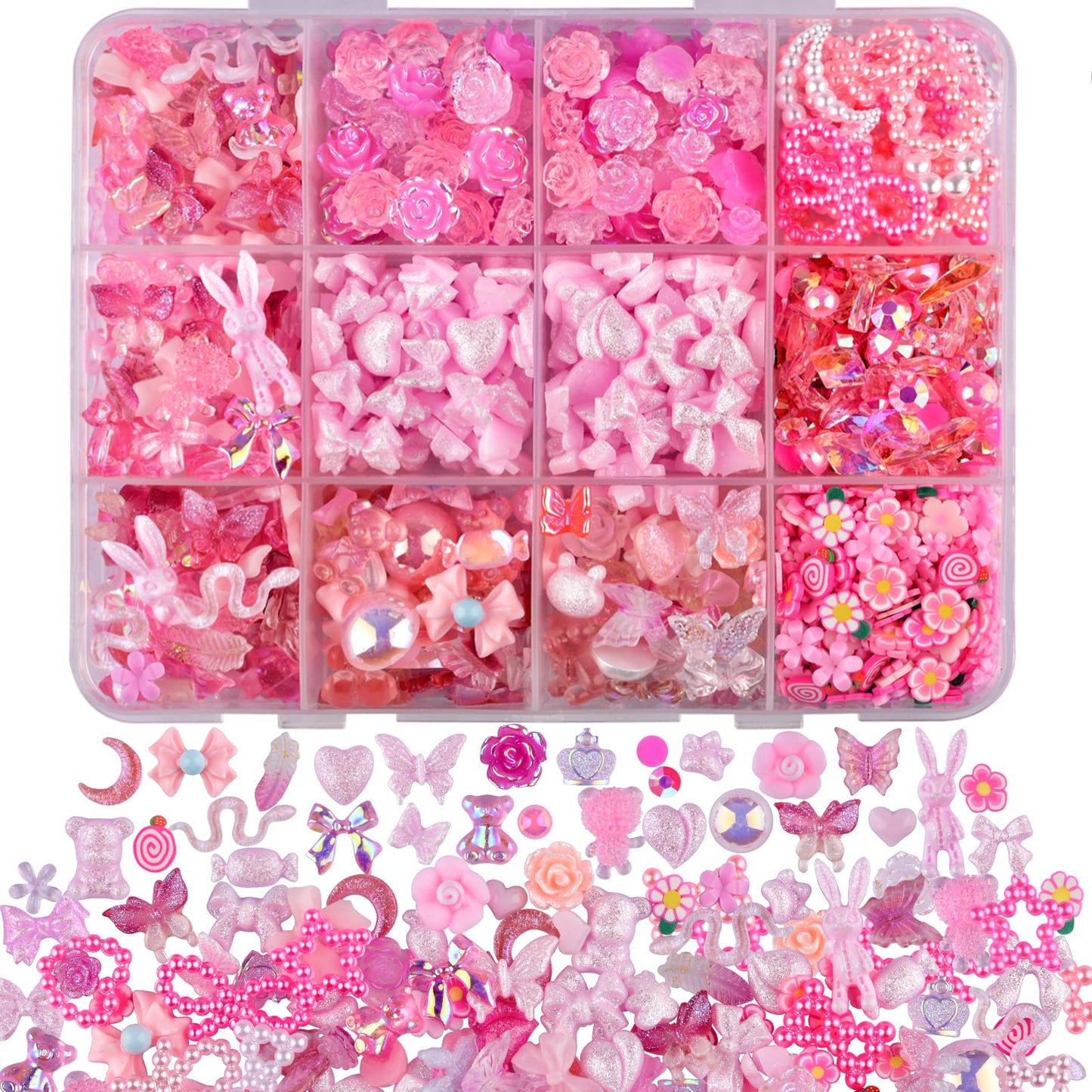 Kikonoke 850 Pieces 3D Butterfly Rose Flower Bow Rabbit Bear Nail Charms Kit with Nail Art Rhinestones Pearls Crystal Gems Nail Slices for Manicure DIY Crafts Jewelry Accessories (Pink)