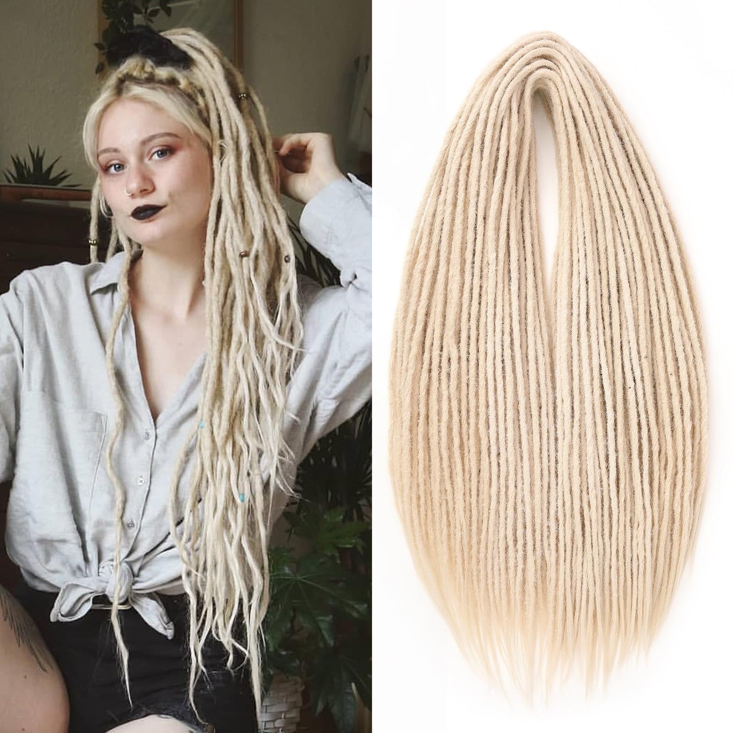 Leeven Blonde Synthetic Double Ended Dreadlock Extensions 24 Inch 0.6 cm Width Thin DE Dreads Crochet Dreads 10 Strands Handmade Soft Loc Extensions for Women Men
