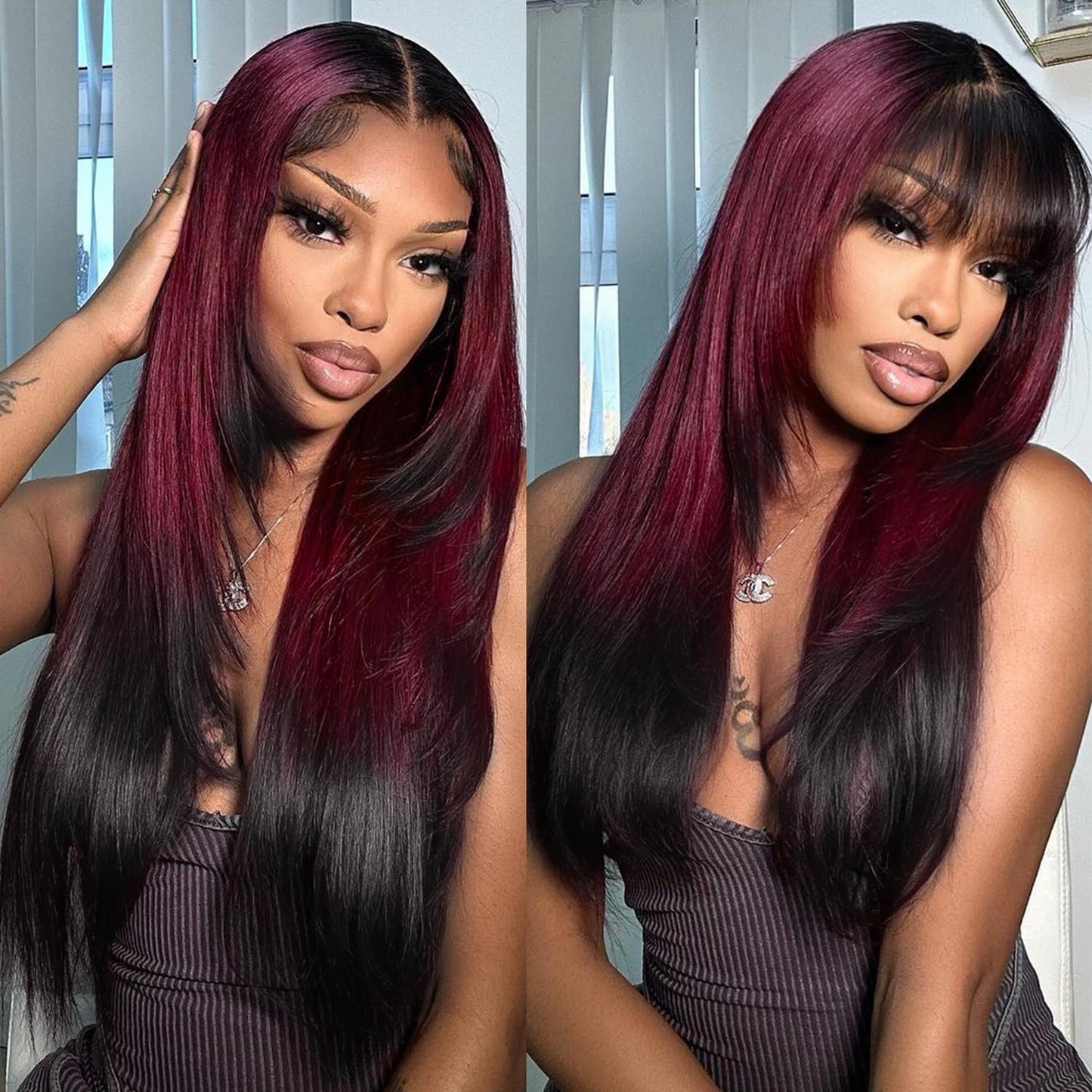 BrownBomb Ombre Red Black Wear and Go Glueless Wigs Pre Plucked Pre Cut for Beginners Synthetic Lace Front Wigs With Bangs Long Straight layered Wigs HD Lace 26 Inch 3 Seconds to Wear for Beginners
