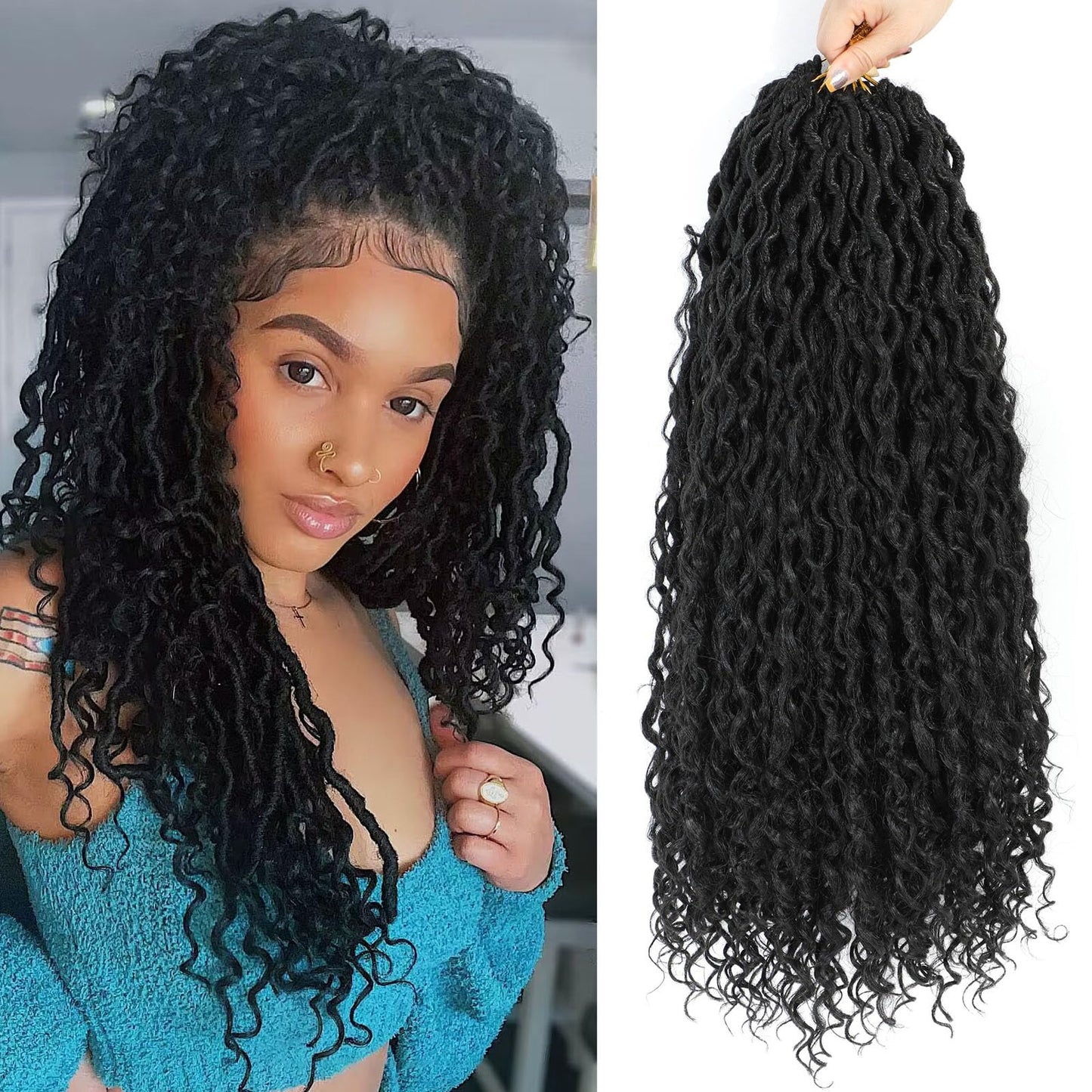 Col Bling 24 Inch 8 Packs Goddess Locs Crochet Hair Natural Looking, Bohemian River Goddess Crochet Braiding Hair Trendy & Edgy Faux Locs Crochet Hair Fashion for Women Kids (#1B)
