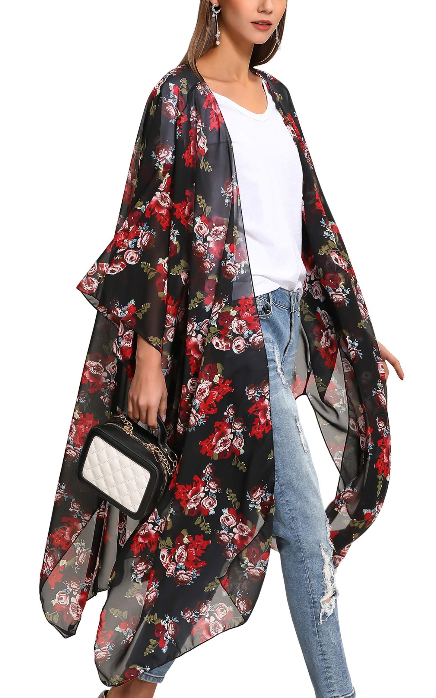 Hibluco Women's Summer Chiffon Floral Kimono Cardigan Long Swimwear Cover Ups