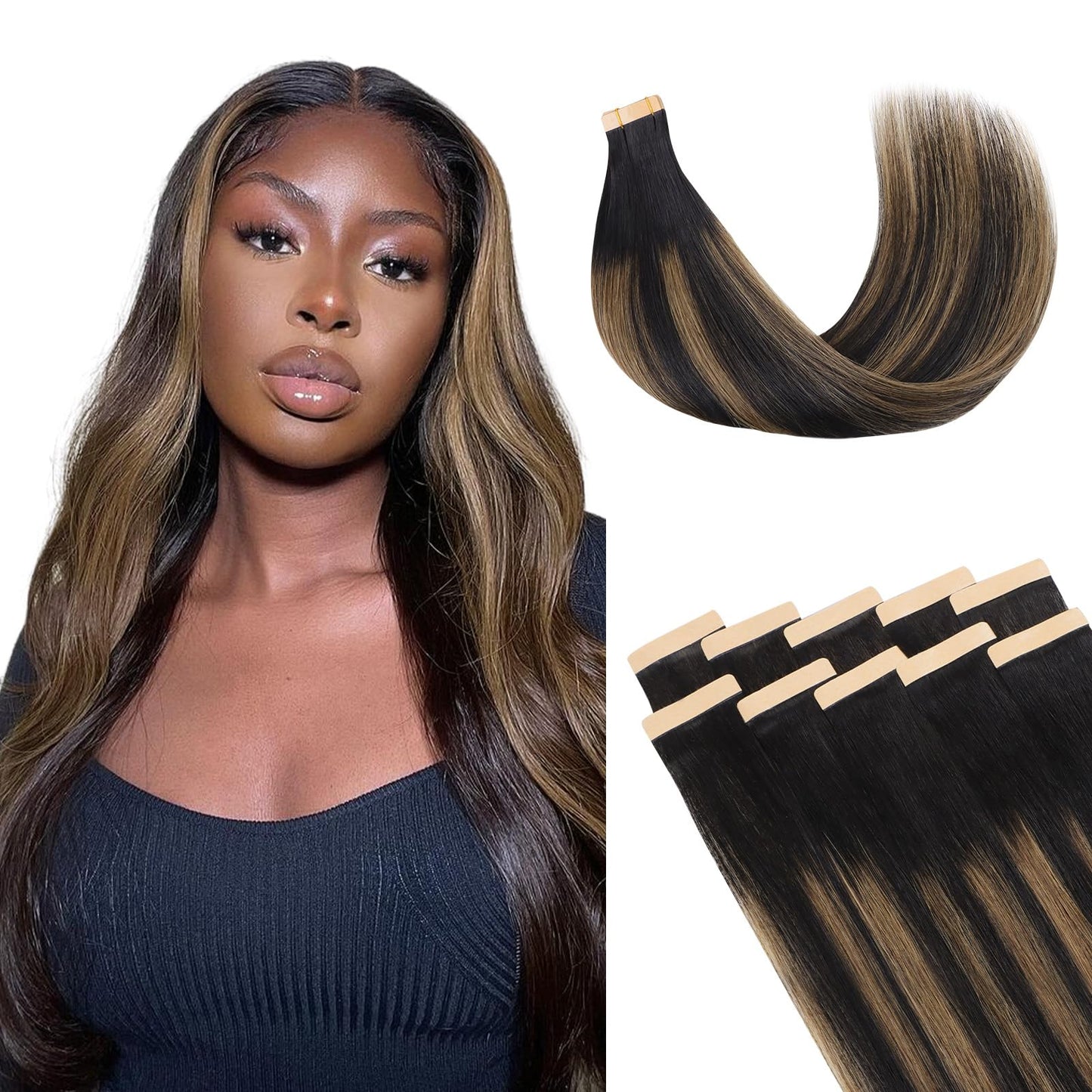 Lashey Tape in Hair Extensions 25g 10pcs 16 Inch Straight Natural Black Mixed Chestnut Brown Highlighted Hair Extensions Tape in Hair for Women