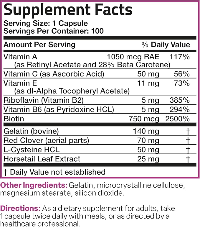 Bronson Hair, Skin & Nails with Biotin Extra Strength Vitamin Supplement for Women, 100 Capsules