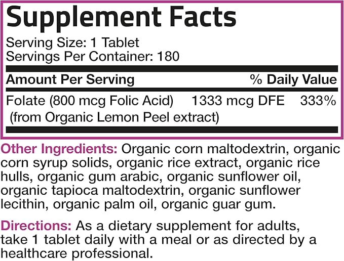 Bronson Organic Folic Acid (Vitamin B9 Folate) 800 mcg Natural Folate from Lemon Peel, 180 Tablets