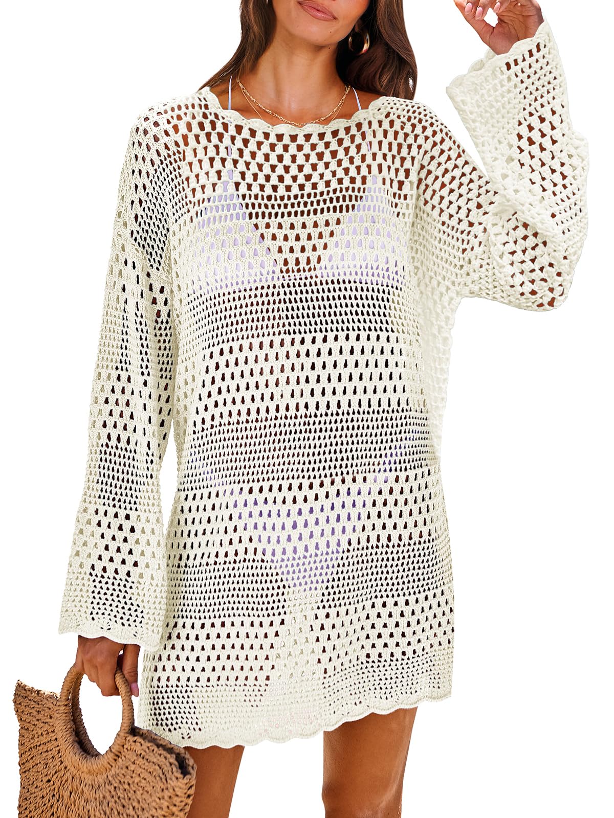 ANRABESS Women Swimsuit Crochet Swim Cover Up 2024 Summer Bathing Suit Swimwear Mesh Knit Beach Dress Vacation Outfits Cream White Small