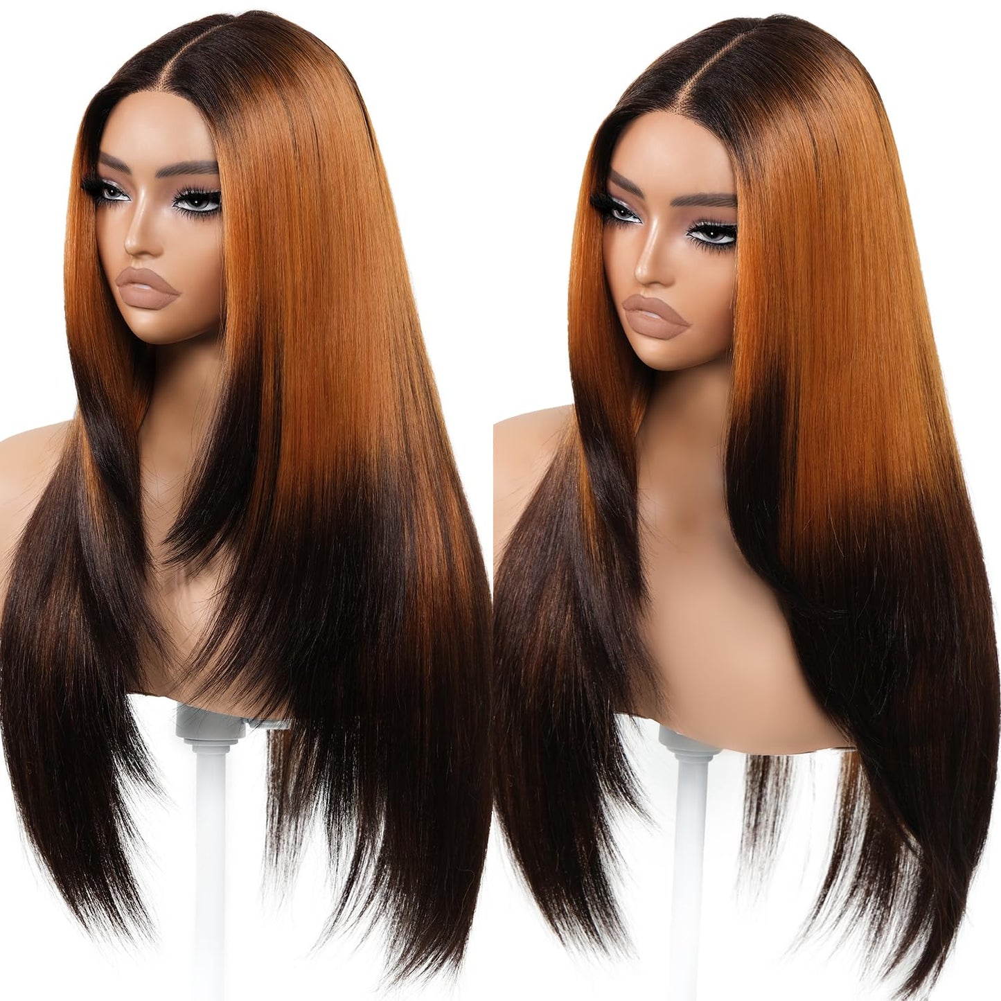 Brownbomb Ombre Orange Black Wear and Go Glueless Wigs Pre Plucked Pre Cut for Beginners Synthetic Lace Front Wigs With Bangs Long Straight layered Wigs HD Lace 26 Inch 3 Seconds to Wear for Beginners