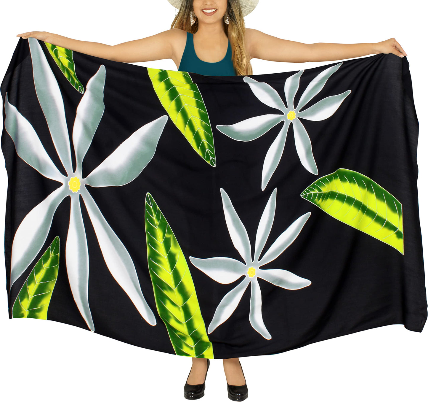 LA LEELA Women's Wrap Sarong Swimwear Cover up Wraps One Size Black Leaves