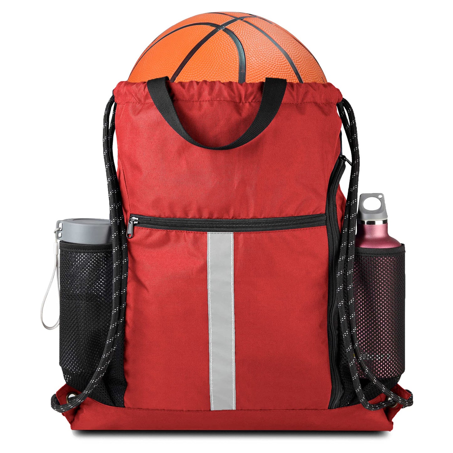 BeeGreen Red Drawstring Backpack Gymsack Bag with Shoe Compartment and Two Side Mesh Pockets Lightweight Durable Sports Cinch Sackpack 1 Pack for Women Men Workout Swim