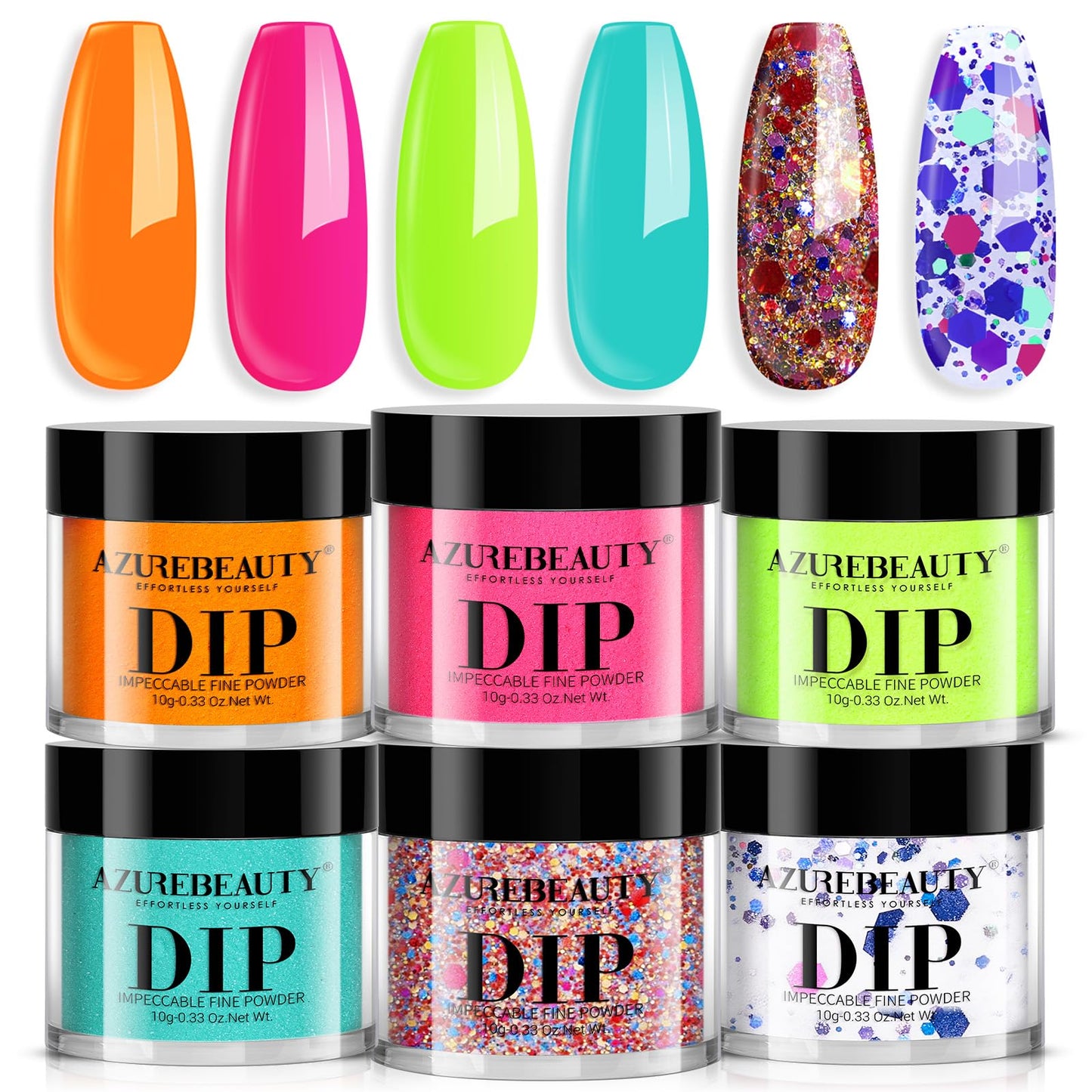 AZUREBEAUTY Orange Fluorescent Blue Green Dip Powder Nail Set, 6 Spring Summer Colors Dipping Starter Kit French Art Manicure DIY Mother's Gift for Women, No Need Lamp Cured