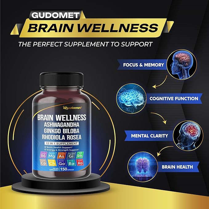 Brain Wellness Ginkgo Biloba Rhodiola Cordyceps Chamomile Ashwagandha Gotu Kola Bacopa Rosemary Holy Basil Black Pepper -150 Capsules- Made in USA