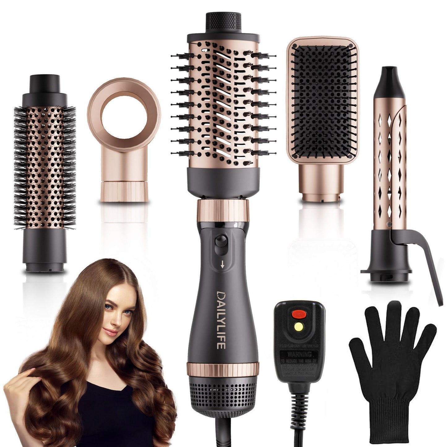 Hair Dryer Brush Set, DAILYLIFE Blow Dryer Brush with 5 Attachments, Multi Hair Styler for Salon Blowouts, Volumizing, and Straightening, Ionic Function, Frizz Free, with Glove