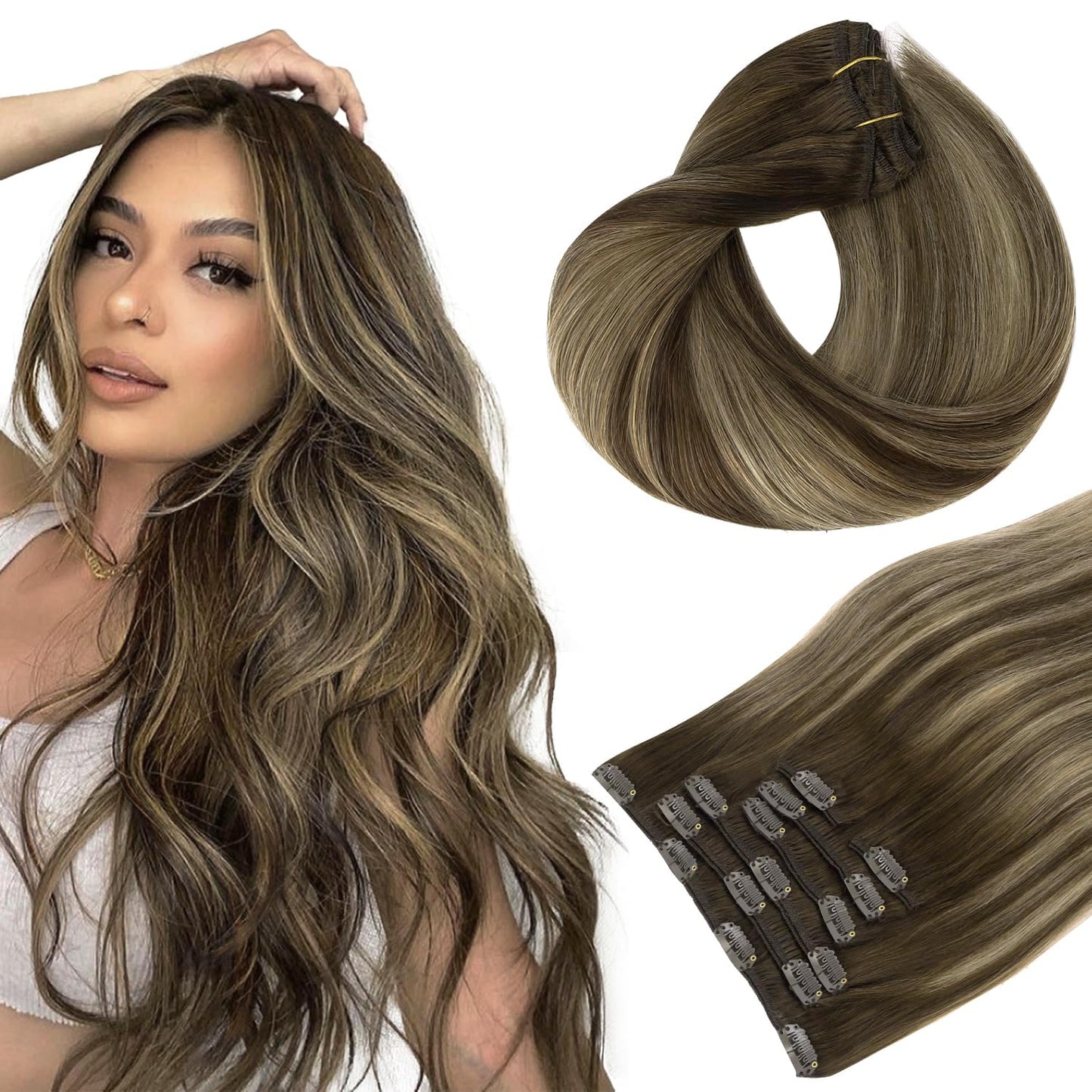 HOTBANANA Human Hair Clip in Hair Extensions, Balayage Chocolate Brown with Honey Blonde 120g Clip in Hair Extensions Real Human Hair Straight Remy Hair Clip Ins Dark Roots Ombre 20 Inch 7pcs