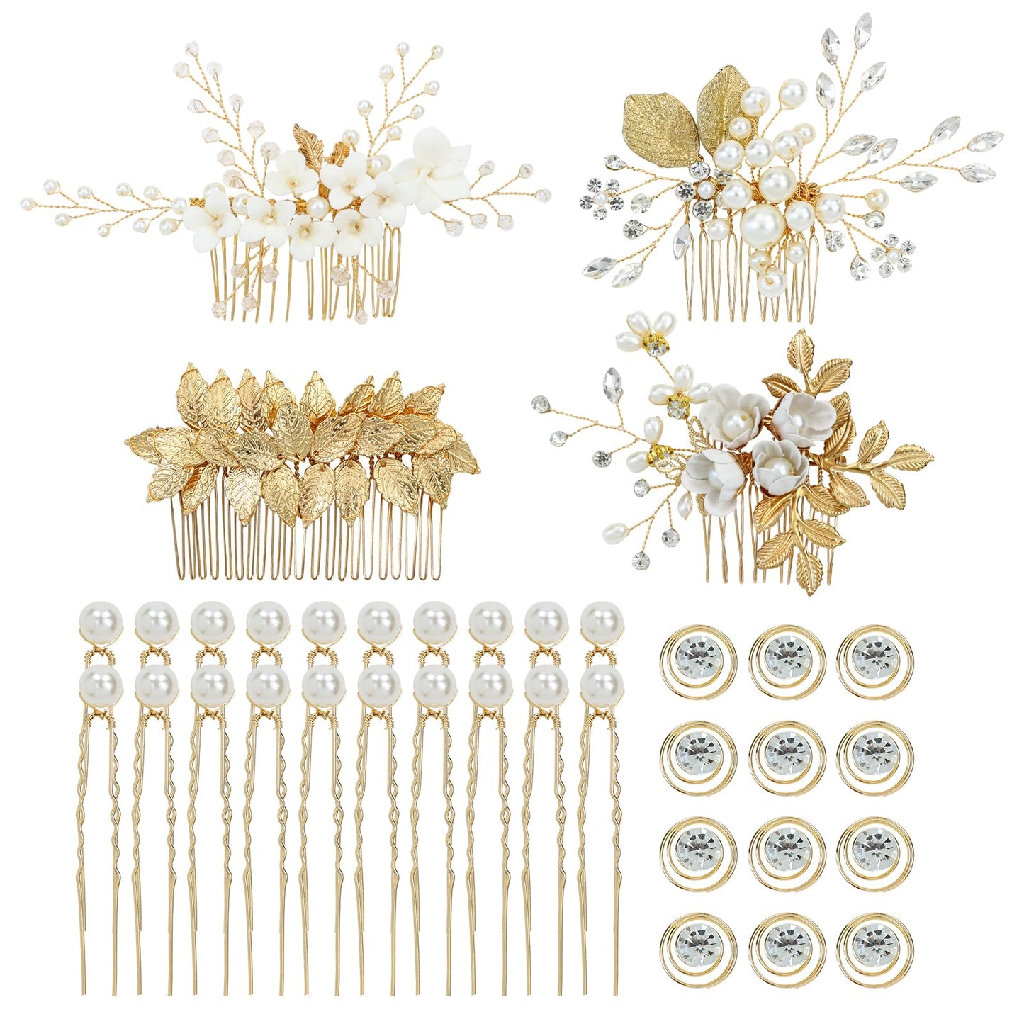 inSowni 36 Pack Gold Flower Leaf Bridal Wedding Hair Side Combs+U-shaped Pearl Hair Pins+Spiral Twist Rhinestone Hair Clips Barrettes Prom Headpieces Accessories for Brides Bridesmaids Women Girls
