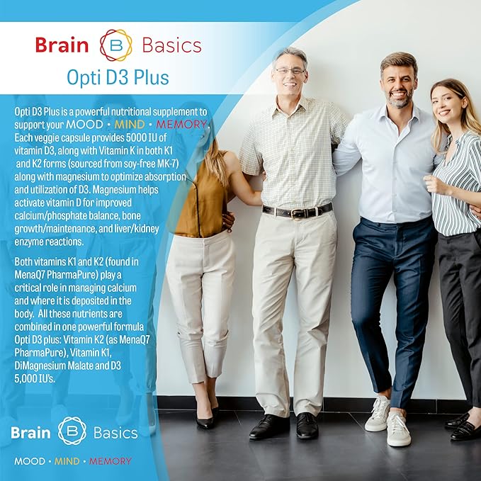 Brain Basics Opti D3 Plus | Vitamin D3 K2 5,000IU, Vitamin K1, and Magnesium | 90 Servings