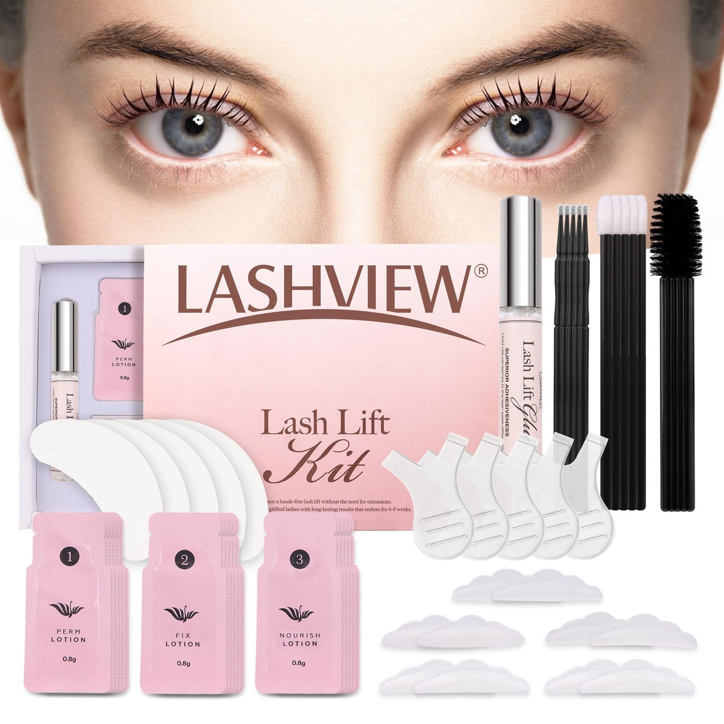 LASHVIEW Lash Lift Kit, Eyelash Perm Kit, Professional Eyelash Curling Lash Extension Set,Lash Curling, Semi-Permanent Curling Perming Wave Suitable for Salon(5PCS)