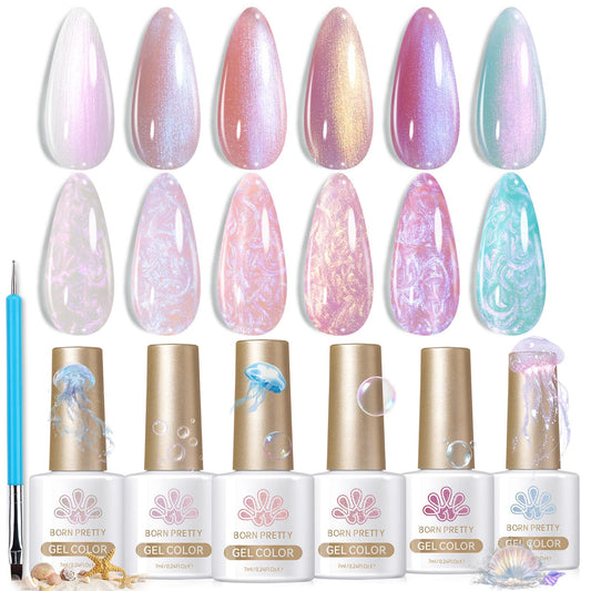 Born Pretty Pearl Gel Nail Polish Aurora Iridescent Glitter Shimmer Mermaid Pearl Gel Polish Drawing Gel Nail Polish Shell Swirl Thread Effect Nail Gel Soak Off Led Summer DIY Gift 6PCS