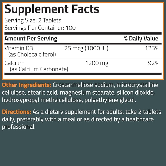 Bronson Calcium 1200mg Per Serving Plus Vitamin D3 1000 IU High Potency Formula, Non-GMO, 200 Tablets