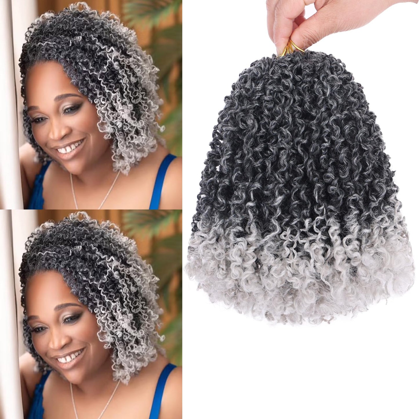 COOKOO 8 Inch Bouncy Yanky Twist Crochet Hair - 8 Packs Ombre Grey Passion Twist Braids for Women - Pre-Twisted Synthetic Hair Extensions